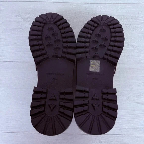 Tory Burch Classic Lug Sole Loafers Size‎ 8.5 Plum Burgundy Leather Academia NEW